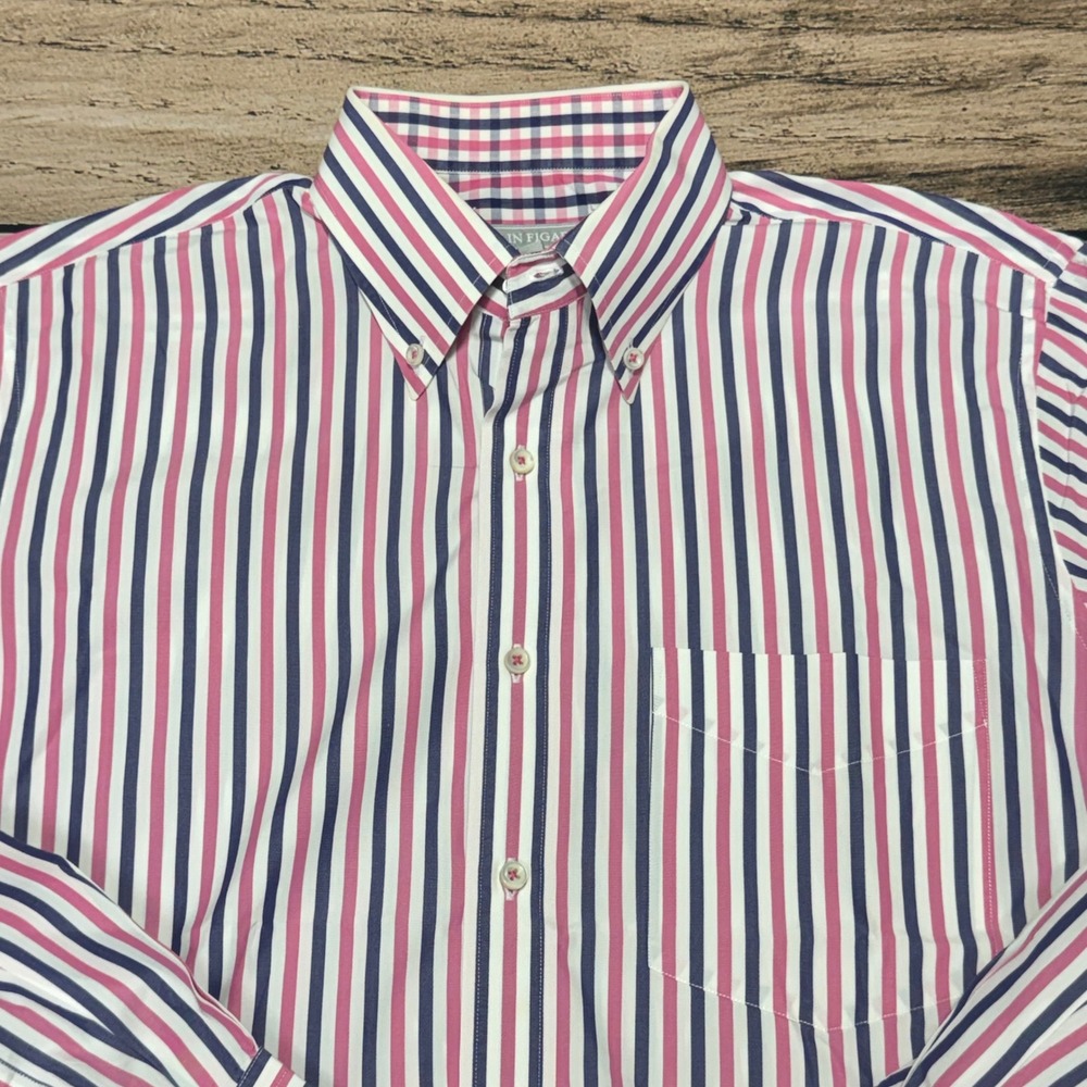 Alain Figaret Button Down Shirt Mens Large Pink Blue Striped Cotton Business